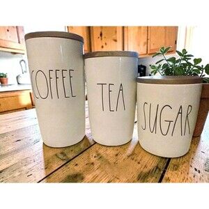 Rare Rae Dunn Tall White COFFEE TEA SUGAR Wood Lid Japanese Style Set